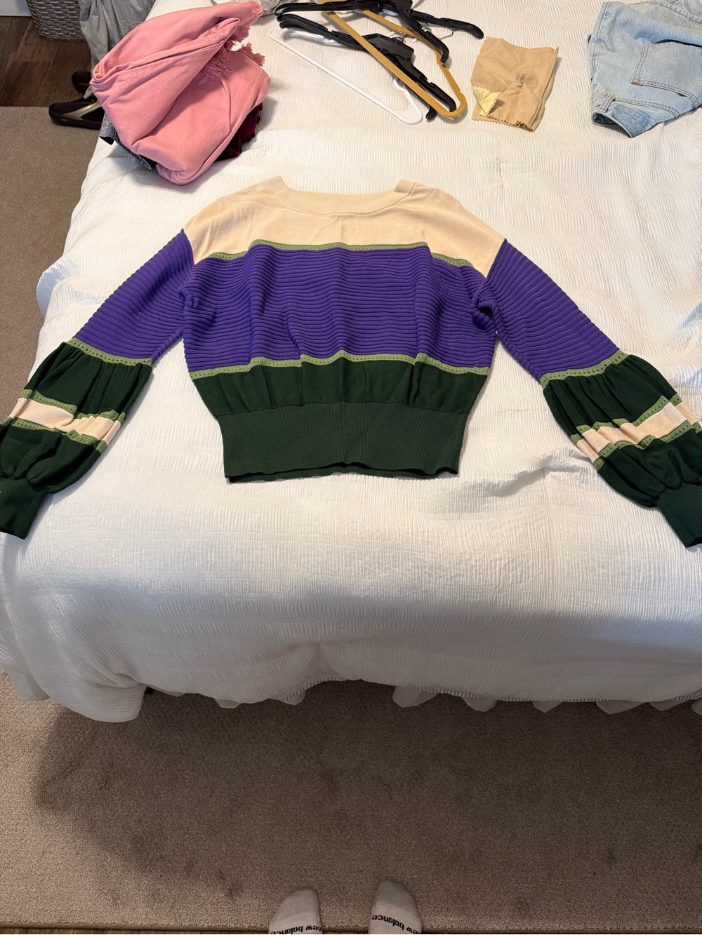 New York & Company Purple, Green and Cream Colorblock Cropped Sweater
